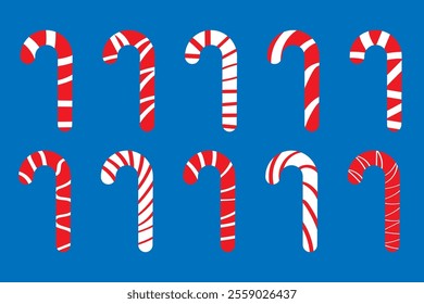 Candy caramel cane vector illustration set. Christmas peppermint sticks, sweet Xmas dessert. Holiday confection, striped candycane. Stock flat candy isolated on white background