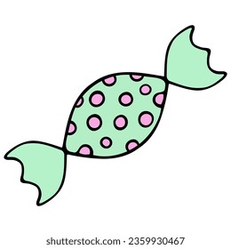 Candy. Caramel in a green wrapper with a pattern of pink polka dots. Color vector illustration. Isolated background. Cartoon style. Delicious lollipop. Idea for web design.
