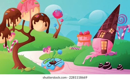 Caramelo de caramelo tierra paisaje fondo de caricatura con dulces de chocolate lollipops donuts ilustración vectorial