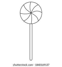 Candy. Caramel on a stick. Vector illustration. Outline on an isolated background. Doodle style. Sketch. Coloring book for children. Delicious lollipop. Halloween. Trick or treat. Festive print. 