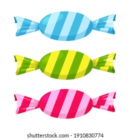 Candy, caramel in a paper striped wrapper. Sweet, unhealthy, bad for the teeth food. Dessert, snack, children's food. Illustration in cartoon flat style. Isolated on a white background