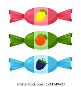 Candy, caramelo en una envoltura de papel con fruta. Dulce, poco saludable, malo para la comida de los dientes. Postre, bocadillo, comida para niños. Ilustración en estilo plano de caricatura. Aislado sobre un fondo blanco