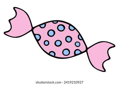 Candy. Caramel in a pink wrapper with a pattern of blue spots. Color vector illustration. Isolated background. Cartoon style. Delicious lollipop. Idea for web design.