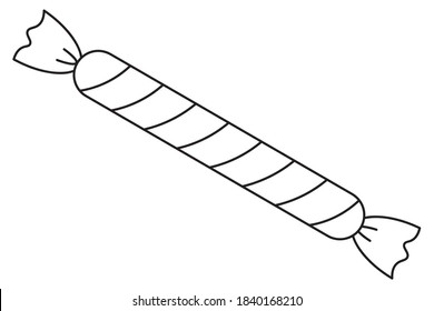 Candy. Caramel in a striped wrapper. Vector illustration. Outline on isolated background. Doodle style. Sketch. Coloring book for children. Delicious lollipop. Halloween. Trick or treat.