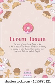 Candy card with text and vector color illustrations of sweet food for graphic design