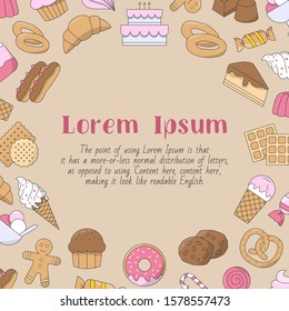 Candy card with text and vector color illustrations of sweet food for graphic design