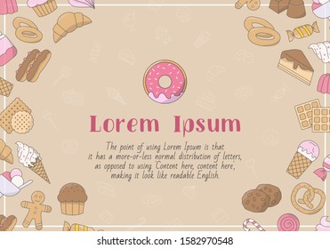 Candy card with text and vector color illustrations of sweet food for graphic design