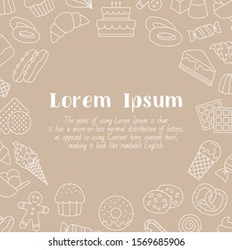Candy card with text and vector outline illustrations of sweet food for graphic design