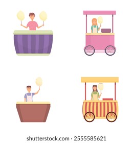 Candy cart icons set cartoon vector. Seller of cotton candy near trolley. Amusement park