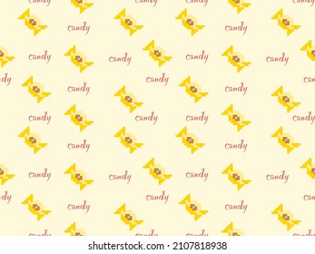 Candy cartoon character seamless pattern on yellow background.Pixel style