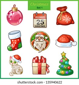 Candy cartoon icons set for Christmas and New Year. Santa Claus, sock, gift with red bow, Christmas tree with toys, etc