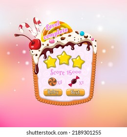 Candy casual game UI. Match-3 mobile GUI. Level complete display. Cartoon elements of victory screen. User interface window. Vector illustration 