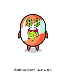 candy character with an expression of crazy about money , cute style design for t shirt, sticker, logo element