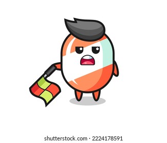 candy character as line judge hold the flag down at a 45 degree angle , cute style design for t shirt, sticker, logo element