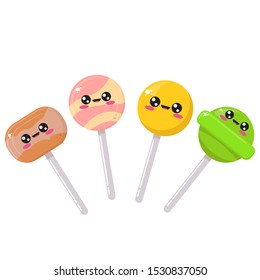 Candy character set isolated on white background. Vector smiling round candy with stick cartoon characters collection.