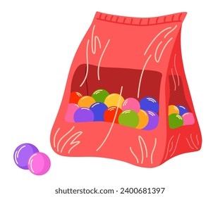 Candy chewing gum bag. Chewy marmalade packaging, tasty sweets in plastic bag flat vector illustration. Sweet snack in pack for children.