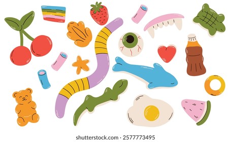 Candy chewy jelly vitamins set. Marmalade candy. Delicious gummy desserts, jelly candy in different shapes. Cute vector illustration set of delicious candy gummy collection