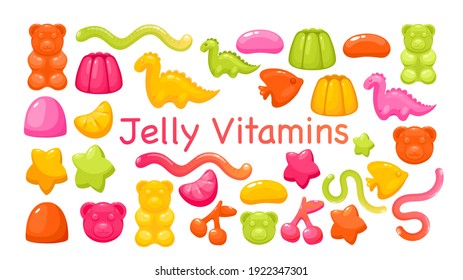 Candy chewy jelly vitamins vector illustration set. Colorful glossy sweet juicy gummy bear and dragon, marmalade soft sugar fruit and berry to chew, pharmacy drugstore kid collection isolated on white