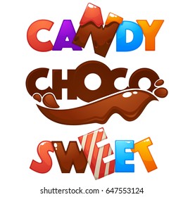 Candy, Choco, Sweet, bright and glossy cartoon lettering composition
