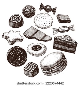 Candy, chocolate, cookies. Vector collection of sweets. Hand drawing in the style of engraving.
