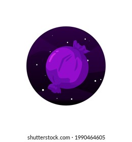 Candy with chocolate, cream, cookie or caramel in purple wrapper. Sweet food planet for beautiful fantasy design of confectionery. Flat cartoon vector illustration.