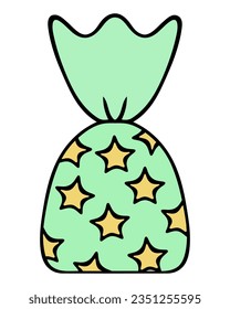 Candy chocolate truffle. Color vector illustration. Sweet in a green wrapper with golden stars. Isolated background. Cartoon style. Idea for web design
