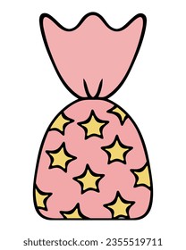 Candy chocolate truffle. Color vector illustration. Sweet in a pink wrapper with yellow stars. Isolated background. Cartoon style. Idea for web design