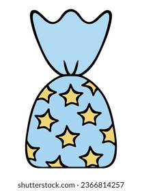 Candy chocolate truffle. Color vector illustration. Sweet in a blue wrapper with golden stars. Isolated background. Cartoon style. Idea for web design
