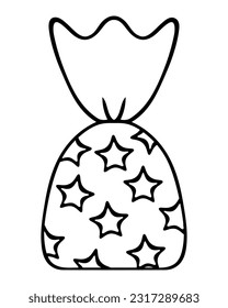 Candy chocolate truffle. Sketch. Vector illustration. Sweetness wrapped in stars. Outline on isolated background. Doodle style. Coloring book for children. 