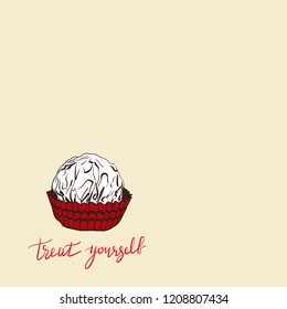 Candy chocolate truffles in foil and paper cup. sketch doodles. White brown beige Treat yourself. Hand drawn calligraphy. Menu Card design banner template, background. Vector