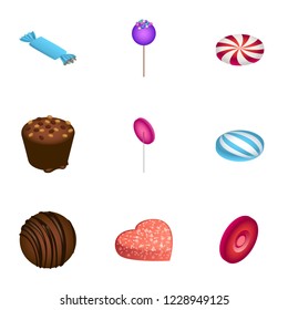 Candy chocolate vector icon set. Isometric set of 9 candy chocolate vector icons for web design isolated on white background