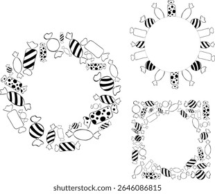 Candy Circle round frame set template. Black and white Vector graphic line ink illustration. Christmas colored border with stripes set. Perfect for cards, decorations, stickers, logo, menu
