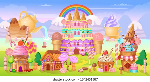 Candy city with cake castle, houses cakes, ice creams, sweets, lollipops and cookies. Panorama of candy town.Vector cartoon background for kids games.