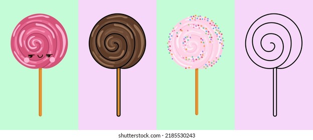 Candy Clipart for Coloring Page and Multicolored Illustration. Adorable Clip Art Candy. Vector Illustration of a Kawaii Sweets for Coloring Pages, Prints for Clothes, Stickers, Baby Shower.
