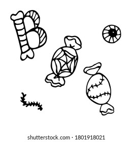 Candy con la telaraña para Halloween. Ilustración vectorial en el estilo Doodle. Objeto aislado sobre un fondo blanco.