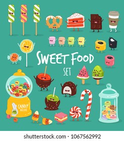 Candy, coffee, marshmallows, chocolate, lollipops, ice-creams, macaroons, dessert, sweet food, candy machine. Funny sweet food characters illustrations set. Comic treats and candies.