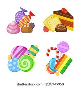 Candy collection concept. Colored and juicy lollipop biscuits chocolate and caramel sweets vector cartoon set isolated on white background