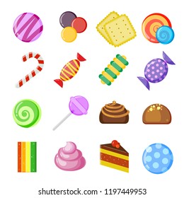 Candy collection icons. Colored and juicy lollipop, biscuits, chocolate and caramel sweets, vector cartoon set isolated on white background