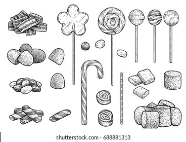 Candy collection illustration, drawing, engraving, ink, line art, vector