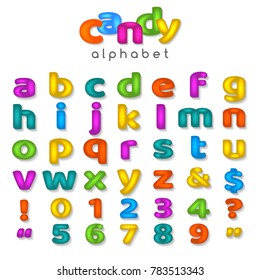 Candy color alphabet. Kids font with fun cartoon letters and bubble sweet numbers isolated on white background, vector illustration