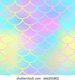 Candy color fish scale pattern vector texture. Mermaid seamless pattern tile. Fish skin background. Marine animal skin seamless pattern. Colorful mermaid tail. Fishscale with cyan yellow gradient mesh