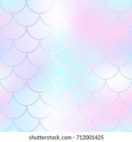 Candy color mermaid seamless pattern. Fantastic fish scale vector pattern. Colorful mermaid tail background. Fish skin texture in gentle pastel colors. Shiny mermaid skin surface. Wedding template