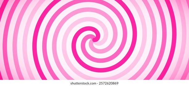 Candy color spiral background. Pink rotating swirl pattern wallpaper. Cute spinning vortex for banner, poster, flyer, booklet. Sweet cartoon hypnotic concept. Vector strawberry ice cream backdrop