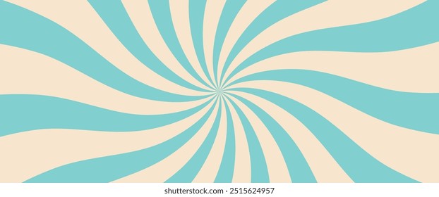 Candy color sunburst background. Abstract blue cream sunbeams design. Colorful spinning lines for template, banner, poster, flyer. Sweet rotating cartoon swirl or whirlpool. Vector backdrop.