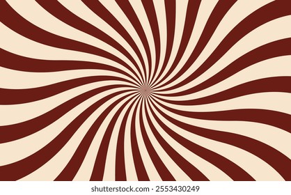 Candy color sunburst background. Abstract chocolate cream sunbeams design. Colorful spinning lines for template, banner, poster, flyer. Sweet rotating cartoon swirl or whirlpool. Vector backdrop.