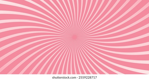 Candy color sunburst background. Abstract pink cream sunbeams design wallpaper. Colorful spinning lines for template, banner, poster, flyer. Sweet rotating cartoon swirl or whirlpool.