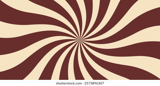 Candy color sunburst background. Abstract chocolate cream sunbeams design. Colorful spinning lines for template, banner, poster, flyer. Sweet rotating cartoon swirl or whirlpool. Vector backdrop.