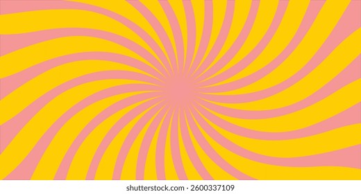 Candy color sunburst background. Abstract pink cream sunbeams design wallpaper. Colorful spinning lines for template, banner, poster, flyer. Sweet rotating cartoon swirl or whirlpool. Vector backdrop