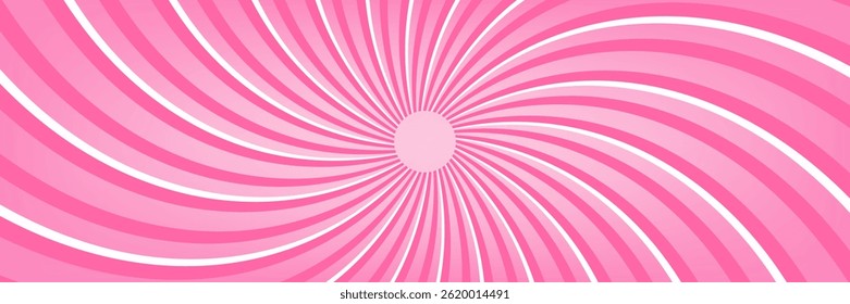 Candy color sunburst background. Abstract pink cream sunbeams design wallpaper. Colorful spinning lines for template, banner, poster, flyer. Sweet rotating cartoon swirl or whirlpool. Vector backdrop