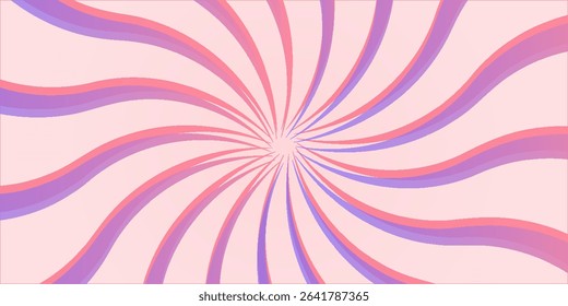 Candy color sunburst background. Abstract pink cream sunbeams design wallpaper. Colorful spinning lines for template, banner, poster, flyer. Sweet rotating cartoon swirl or whirlpool.